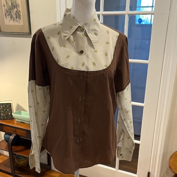 Vintage brown button down with patterned sleeves and top. Size M - Picture 1 of 7